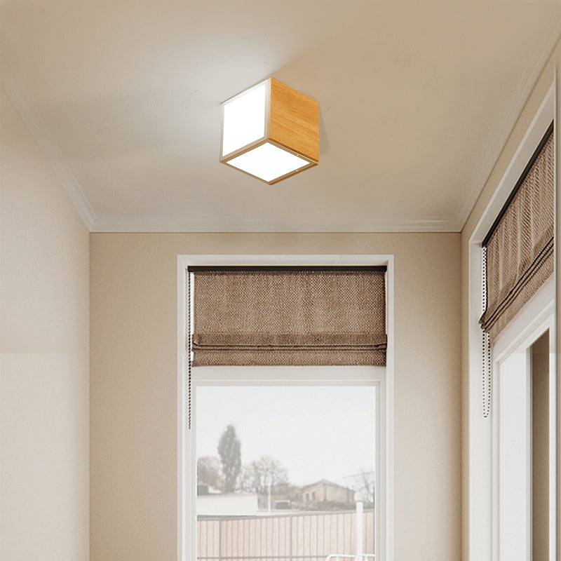 Cube Flush Ceiling Light Modern Wooden Beige Flush Mount Lighting Fixture for Bedroom 1 Wood Clearhalo 'Ceiling Lights' 'Close To Ceiling Lights' 'Close to ceiling' 'Flush mount' Lighting' 2038654