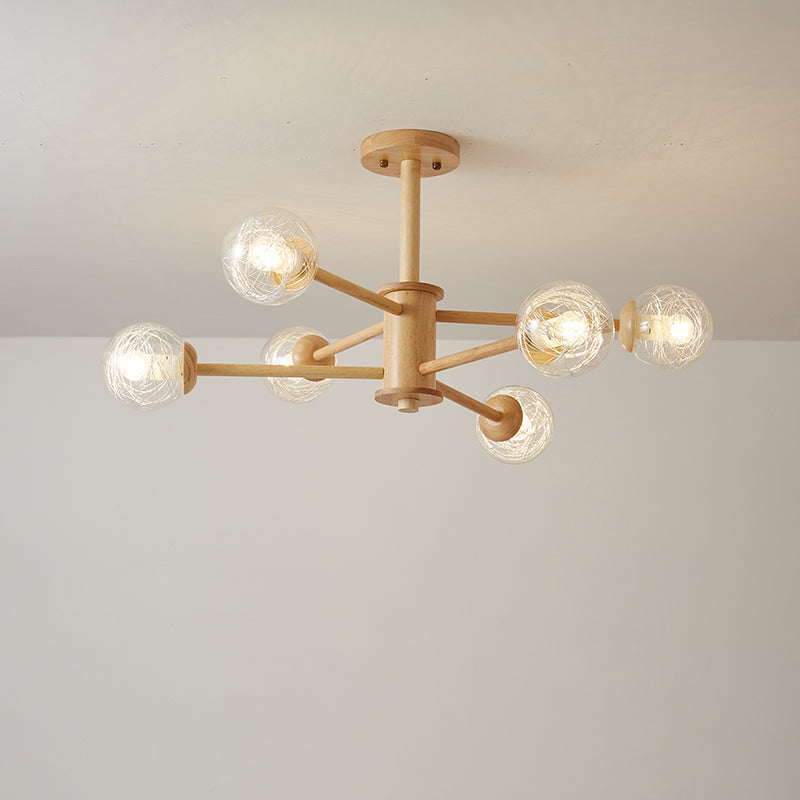 Beige 2-Tier Radial Light Fixture Nordic LED Wooden Chandelier Light with Ball Clear Glass Shade Clearhalo 'Carpenter Chandeliers' 'Ceiling Lights' 'Chandeliers' 'Industrial' 'Modern Chandeliers' 'Modern' Lighting' 2038682