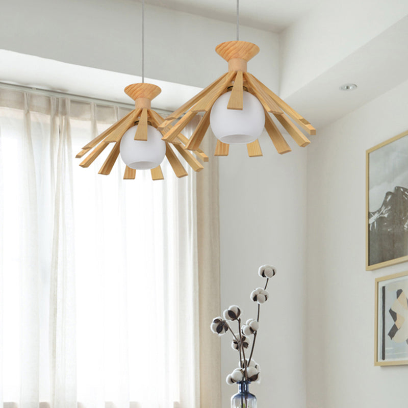 Single-Bulb Dining Room Hanging Light Contemporary Wood Pendant Ceiling Light with Ball Cream Glass Shade Wood A Clearhalo 'Carpenter Chandeliers' 'Ceiling Lights' 'Chandeliers' 'Industrial' 'Modern Chandeliers' 'Modern' Lighting' 2038738