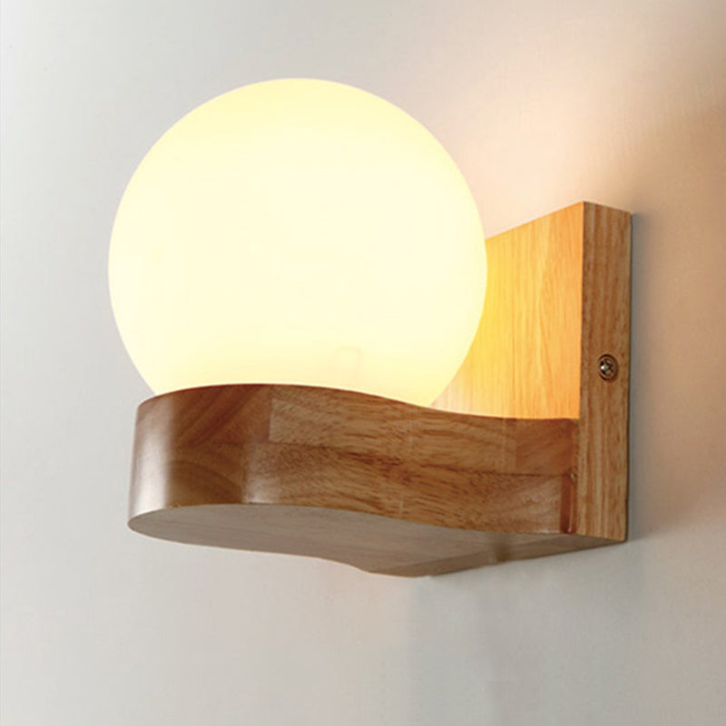 Modern Sphere Shade Sconce Light Fixture Cream Glass LED Living Room Wall Lighting in Wood 1.0 Wood Clearhalo 'Modern wall lights' 'Modern' 'Wall Lamps & Sconces' 'Wall Lights' Lighting' 2038785