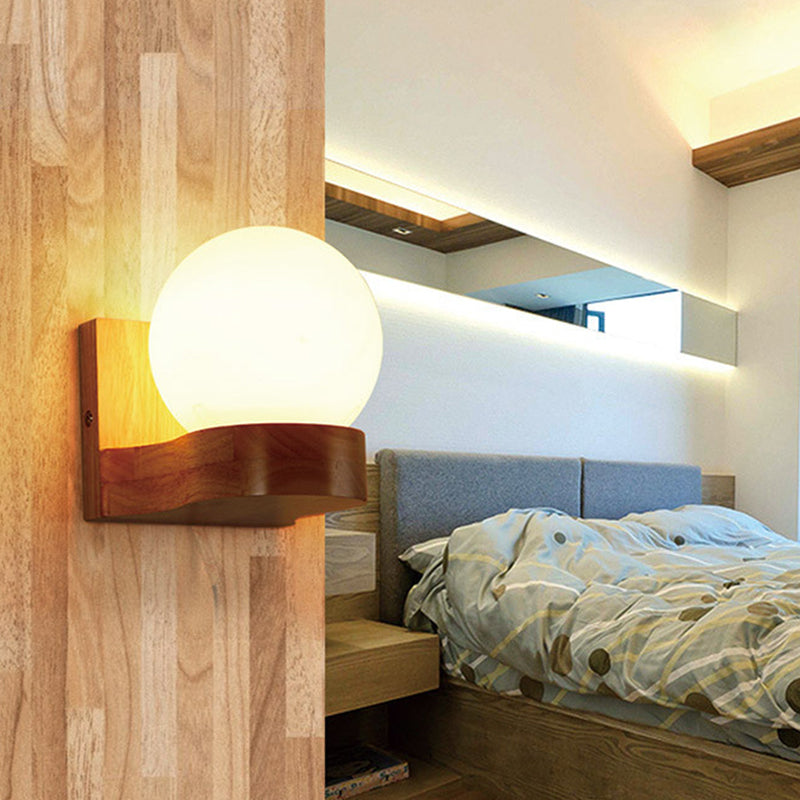 Modern Sphere Shade Sconce Light Fixture Cream Glass LED Living Room Wall Lighting in Wood Clearhalo 'Modern wall lights' 'Modern' 'Wall Lamps & Sconces' 'Wall Lights' Lighting' 2038786