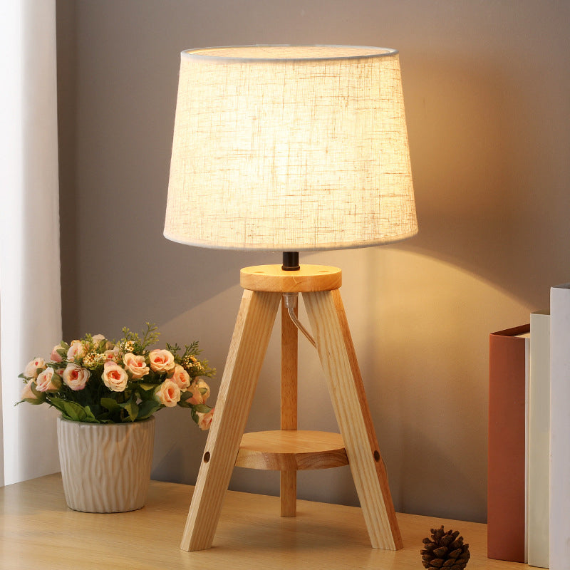 Simple Drum Table Lamp Fabric Single-Bulb Bedroom Night Table Light with Wooden Tripod Wood Clearhalo 'Lamps' 'Table Lamps' Lighting' 2038810