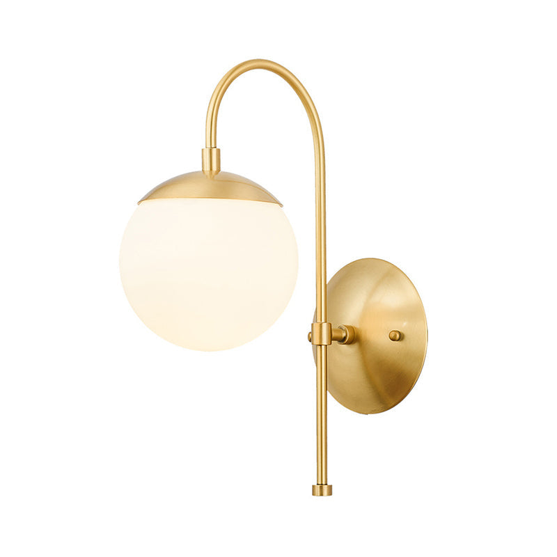 Gold Round Wall Lamp Sconce Modernist 1 Light Opal Glass Wall Montreal Lighting with Gooseneck Arm Clearhalo 'Cast Iron' 'Glass' 'Industrial' 'Modern wall lights' 'Modern' 'Tiffany' 'Traditional wall lights' 'Wall Lamps & Sconces' 'Wall Lights' Lighting' 2038846