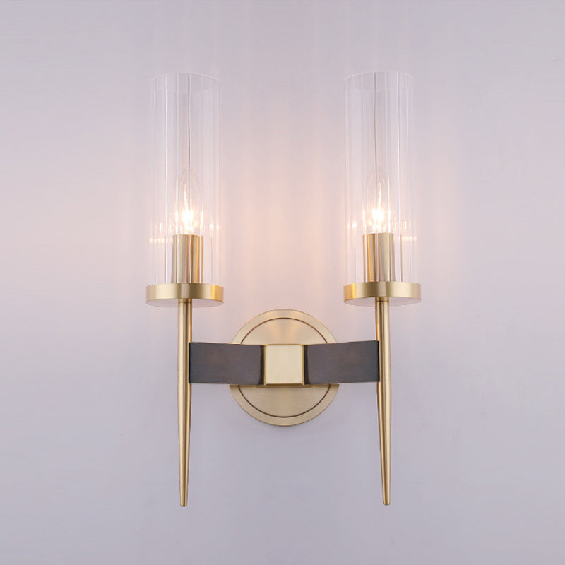 Simple Cylinder Wall Lamp Clear Fluted Glass Wall Mount Light Fixture in Gold 2.0 Brass Clearhalo 'Cast Iron' 'Glass' 'Industrial' 'Modern wall lights' 'Modern' 'Tiffany' 'Traditional wall lights' 'Wall Lamps & Sconces' 'Wall Lights' Lighting' 2038936