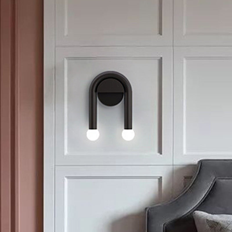 U-Shaped Wall Light Fixture Contemporary Metallic 2-Light Black Wall Mounted Lighting with Ball Opal Glass Shade Clearhalo 'Cast Iron' 'Glass' 'Industrial' 'Modern wall lights' 'Modern' 'Tiffany' 'Traditional wall lights' 'Wall Lamps & Sconces' 'Wall Lights' Lighting' 2038945