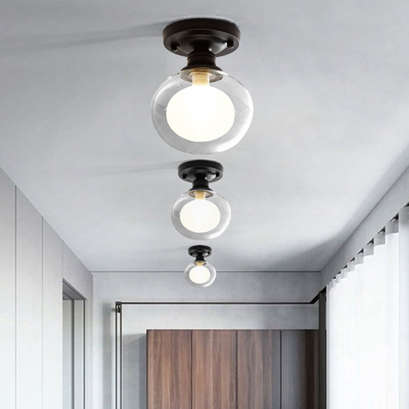 1-Light Corridor Flush Light Fixture Modern Black Flush Mount Lighting with Globe Dual Glass Shade Black B Clearhalo 'Ceiling Lights' 'Close To Ceiling Lights' 'Close to ceiling' 'Flush mount' Lighting' 2039212