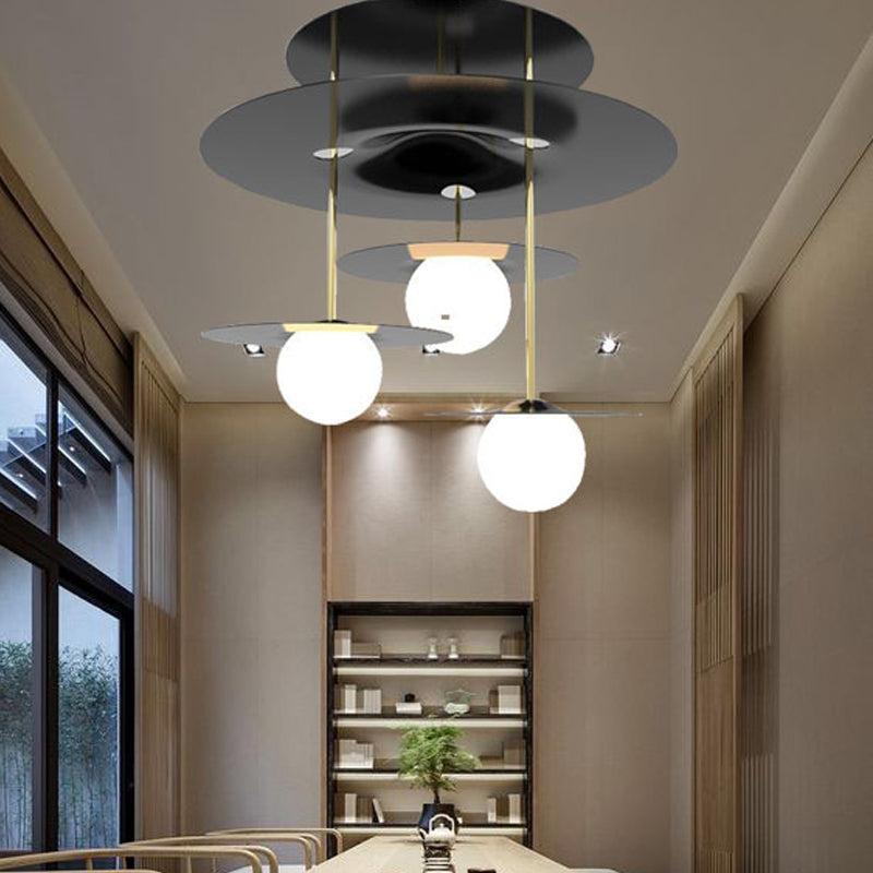 Disc Metal Semi Flush Light Modern Style 3-Head Black Ceiling Lighting with Orb Opal Glass Shade Black Clearhalo 'Ceiling Lights' 'Close To Ceiling Lights' 'Close to ceiling' 'Glass shade' 'Glass' 'Semi-flushmount' Lighting' 2039217