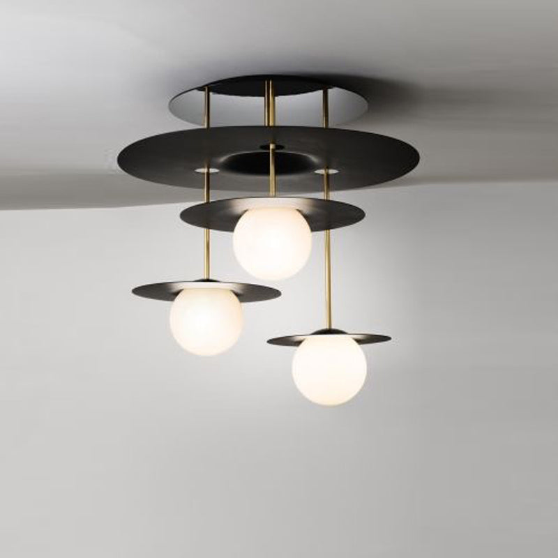 Disc Metal Semi Flush Light Modern Style 3-Head Black Ceiling Lighting with Orb Opal Glass Shade Clearhalo 'Ceiling Lights' 'Close To Ceiling Lights' 'Close to ceiling' 'Glass shade' 'Glass' 'Semi-flushmount' Lighting' 2039218