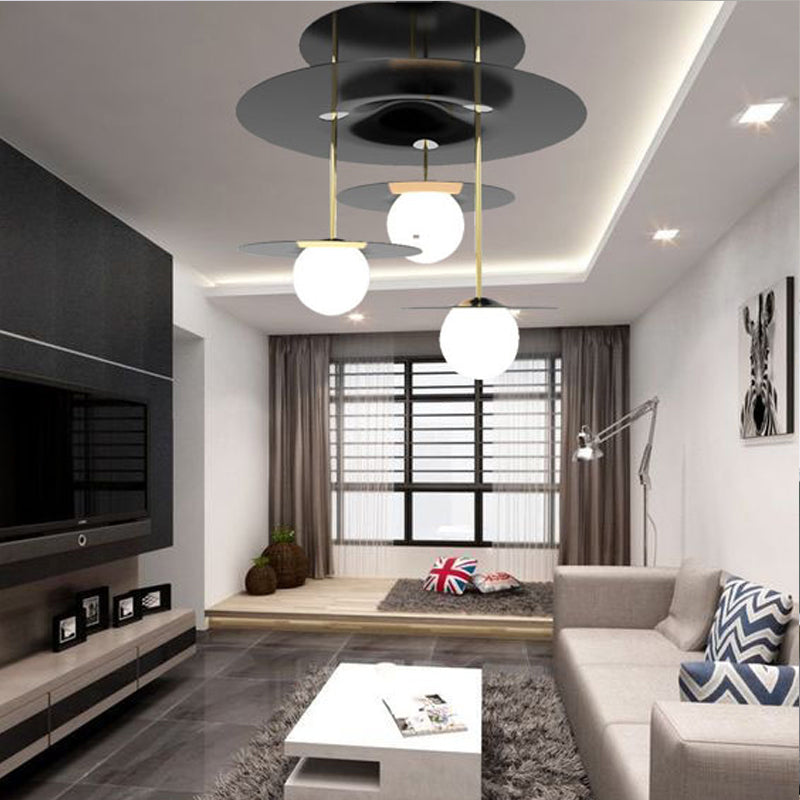 Disc Metal Semi Flush Light Modern Style 3-Head Black Ceiling Lighting with Orb Opal Glass Shade Clearhalo 'Ceiling Lights' 'Close To Ceiling Lights' 'Close to ceiling' 'Glass shade' 'Glass' 'Semi-flushmount' Lighting' 2039219