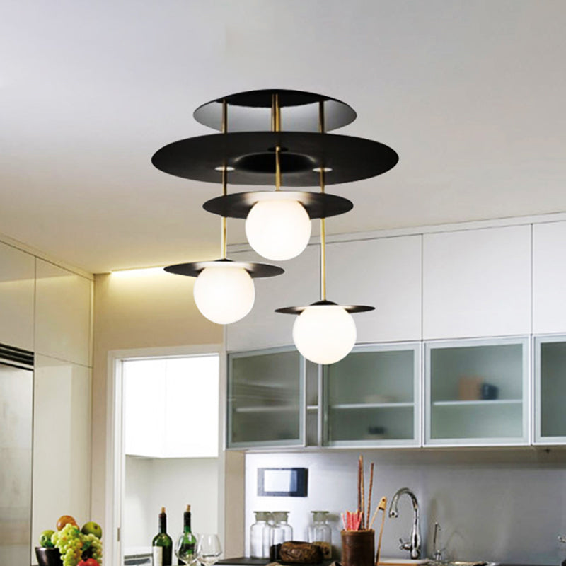 Disc Metal Semi Flush Light Modern Style 3-Head Black Ceiling Lighting with Orb Opal Glass Shade Clearhalo 'Ceiling Lights' 'Close To Ceiling Lights' 'Close to ceiling' 'Glass shade' 'Glass' 'Semi-flushmount' Lighting' 2039220