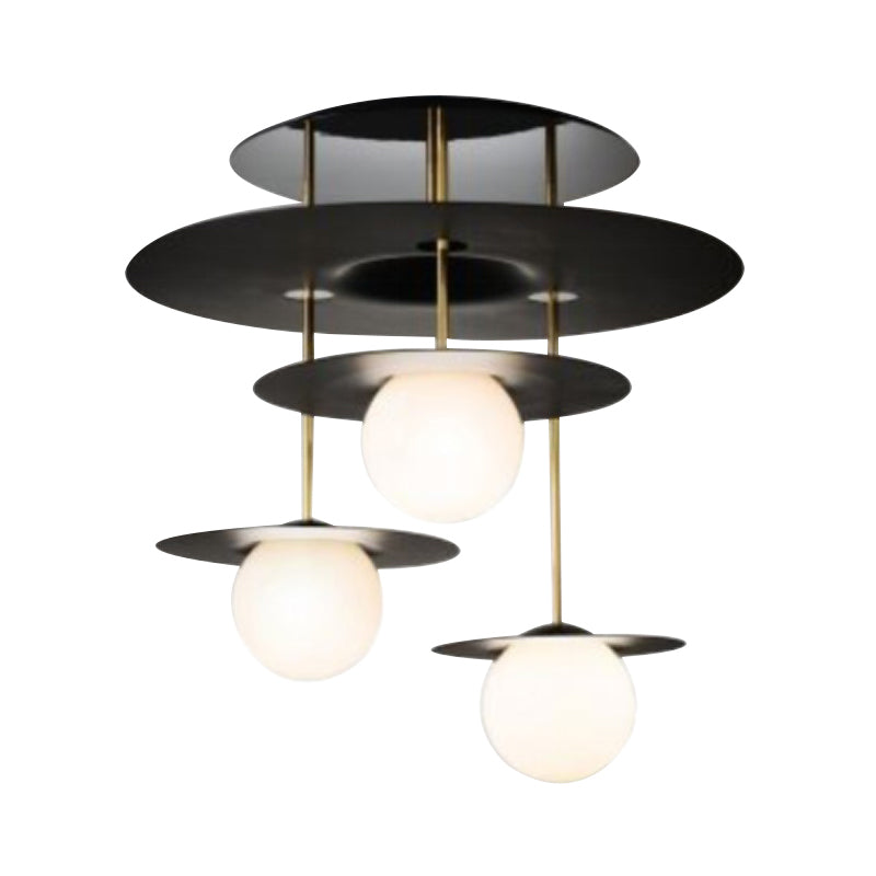 Disc Metal Semi Flush Light Modern Style 3-Head Black Ceiling Lighting with Orb Opal Glass Shade Clearhalo 'Ceiling Lights' 'Close To Ceiling Lights' 'Close to ceiling' 'Glass shade' 'Glass' 'Semi-flushmount' Lighting' 2039221