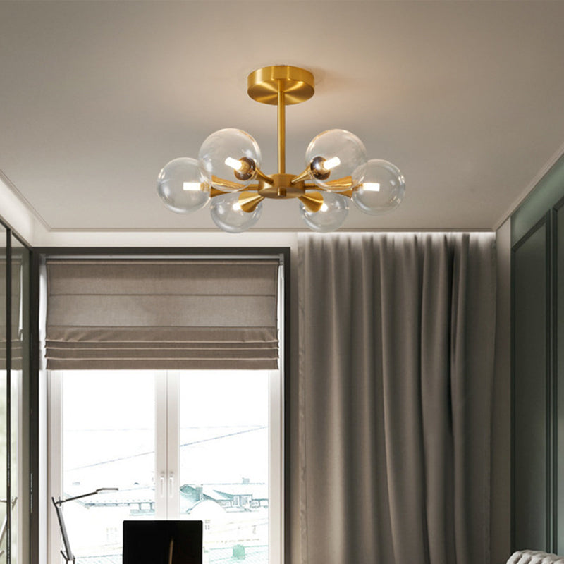 Brass Globe Semi Flush Light Minimalist Glass LED Close to Ceiling Lamp for Bedroom 6 Brass Clear Clearhalo 'Ceiling Lights' 'Close To Ceiling Lights' 'Close to ceiling' 'Glass shade' 'Glass' 'Semi-flushmount' Lighting' 2039239