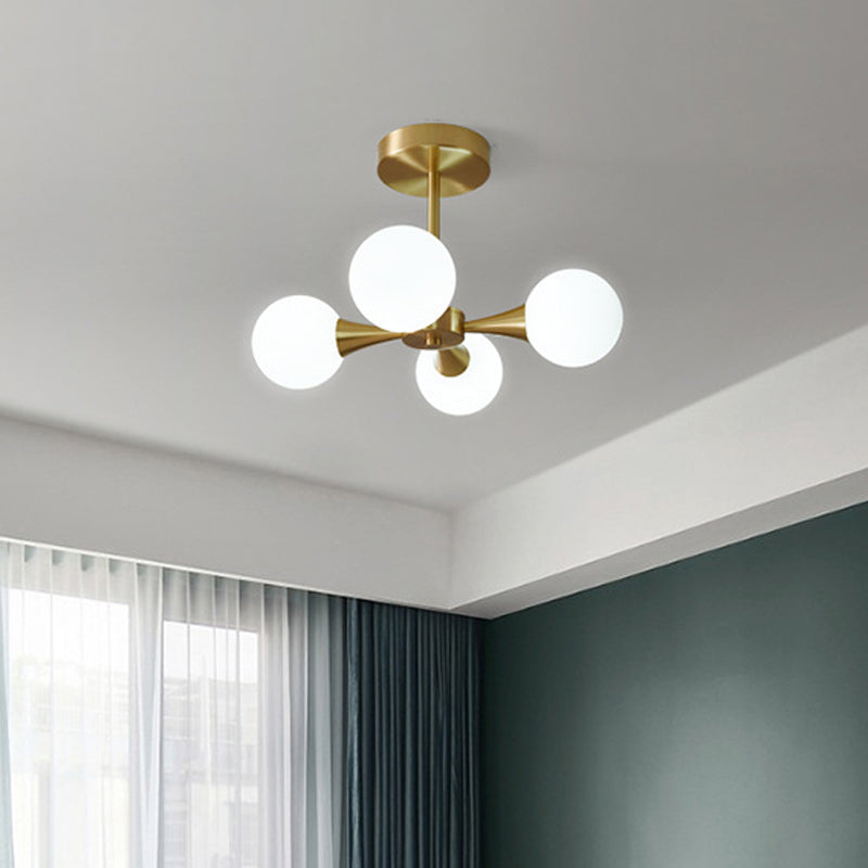 Brass Globe Semi Flush Light Minimalist Glass LED Close to Ceiling Lamp for Bedroom 4 Brass Milk White Clearhalo 'Ceiling Lights' 'Close To Ceiling Lights' 'Close to ceiling' 'Glass shade' 'Glass' 'Semi-flushmount' Lighting' 2039241