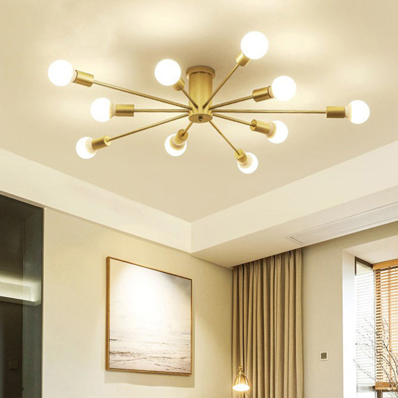 Minimal Sputnik Ceiling Mounted Light Metal Living Room Semi Flush Mount Chandelier 10 Gold Clearhalo 'Ceiling Lights' 'Close To Ceiling Lights' 'Close to ceiling' 'Glass shade' 'Glass' 'Semi-flushmount' Lighting' 2039261