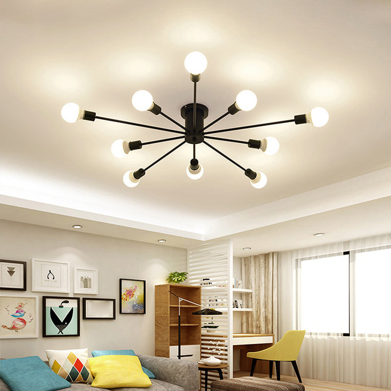 Minimal Sputnik Ceiling Mounted Light Metal Living Room Semi Flush Mount Chandelier 10 Black Clearhalo 'Ceiling Lights' 'Close To Ceiling Lights' 'Close to ceiling' 'Glass shade' 'Glass' 'Semi-flushmount' Lighting' 2039270