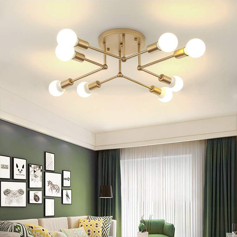 Metal Branching Semi Flush Chandelier Contemporary Ceiling Light Fixture for Living Room 8 Gold Clearhalo 'Ceiling Lights' 'Close To Ceiling Lights' 'Close to ceiling' 'Glass shade' 'Glass' 'Semi-flushmount' Lighting' 2039277