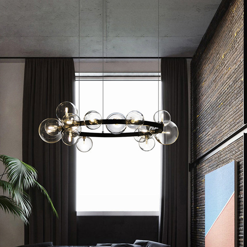 Orb Clear Glass Chandelier Light Minimalist Black Pendant Lighting Fixture for Dining Room 24 Black Clearhalo 'Ceiling Lights' 'Chandeliers' 'Glass shade' 'Glass' 'Modern Chandeliers' 'Modern' Lighting' 2039467