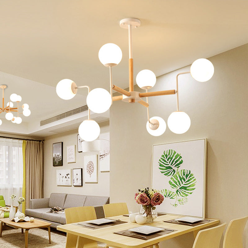 Simple Chandelier Lighting Fixture Wood Spherical Pendant Lamp with Opaline Glass Shade 8 Wood Clearhalo 'Ceiling Lights' 'Chandeliers' 'Glass shade' 'Glass' 'Modern Chandeliers' 'Modern' Lighting' 2039482