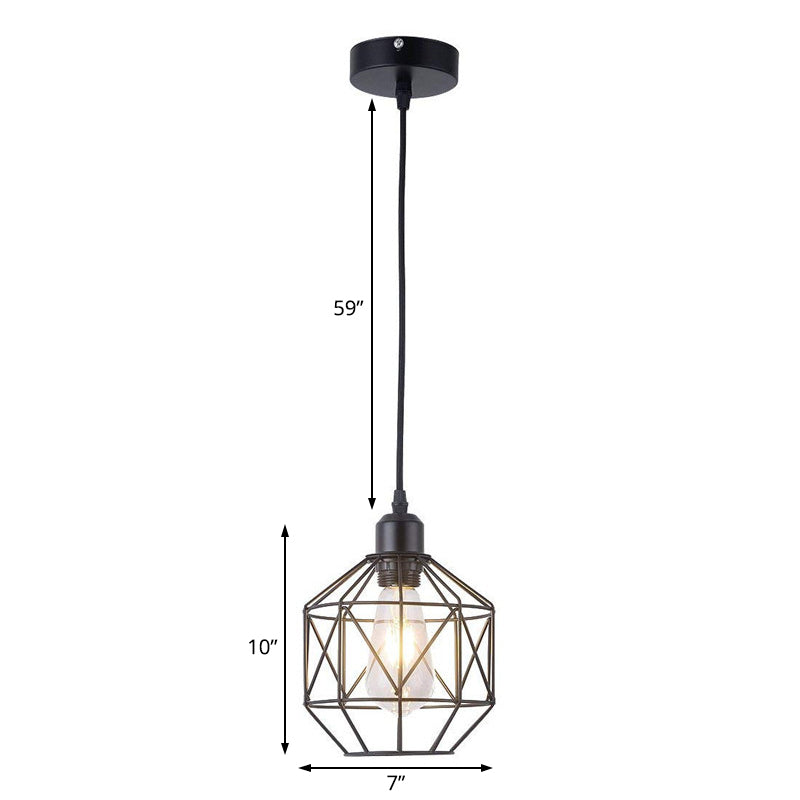 1-Light Prism Cage Pendant Lamp Vintage Black Metal Hanging Light Fixture for Dining Room Clearhalo 'Art Deco Pendants' 'Black' 'Cast Iron' 'Ceiling Lights' 'Ceramic' 'Crystal' 'Industrial Pendants' 'Industrial' 'Metal' 'Middle Century Pendants' 'Pendant Lights' 'Pendants' 'Rustic Pendants' 'Tiffany' Lighting' 204065