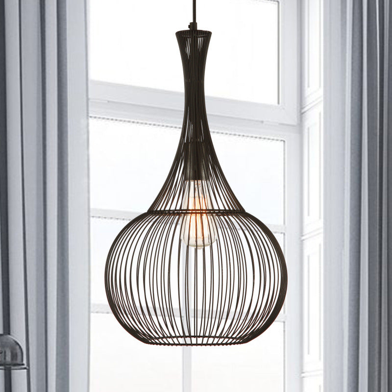 1-Light Teardrop Cage Hanging Pendant Light Industrial Black Iron Ceiling Lighting for Living Room Black Clearhalo 'Art Deco Pendants' 'Black' 'Cast Iron' 'Ceiling Lights' 'Ceramic' 'Crystal' 'Industrial Pendants' 'Industrial' 'Metal' 'Middle Century Pendants' 'Pendant Lights' 'Pendants' 'Rustic Pendants' 'Tiffany' Lighting' 204125