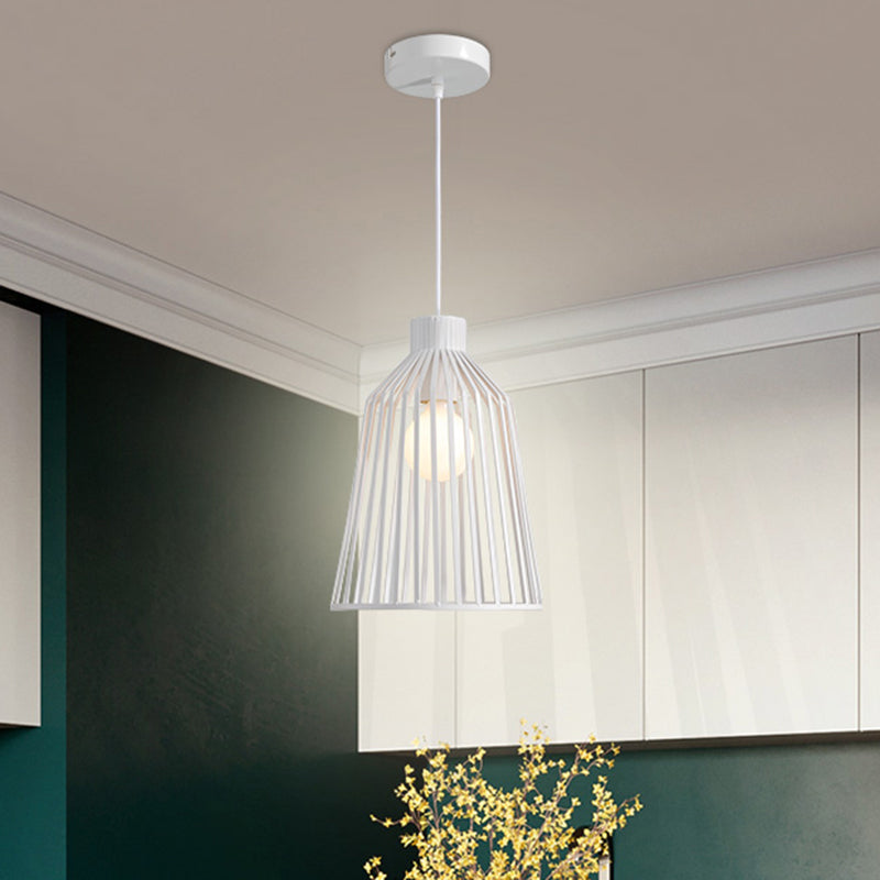 1-Light Pendant Lighting Fixture with Bell Wire Cage Metal Nordic Style Kitchen Island Hanging Lamp in Grey/White/Coffee White Clearhalo 'Art Deco Pendants' 'Cast Iron' 'Ceiling Lights' 'Ceramic' 'Crystal' 'Industrial Pendants' 'Industrial' 'Metal' 'Middle Century Pendants' 'Pendant Lights' 'Pendants' 'Tiffany' Lighting' 204260