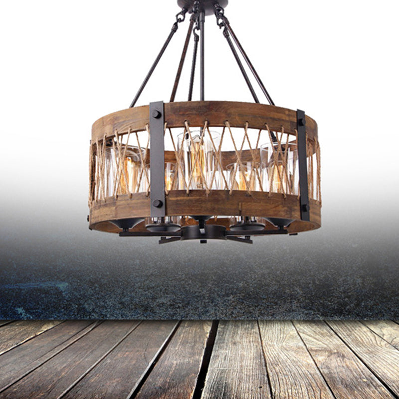 5-Light Metal Chandelier Light Fixture Retro Black Rope-weaved Wooden Drum Dining Room Pendant Chandelier Black Clearhalo 'Cast Iron' 'Ceiling Lights' 'Chandeliers' 'Industrial Chandeliers' 'Industrial' 'Metal' 'Middle Century Chandeliers' 'Rustic Chandeliers' 'Tiffany' Lighting' 204418