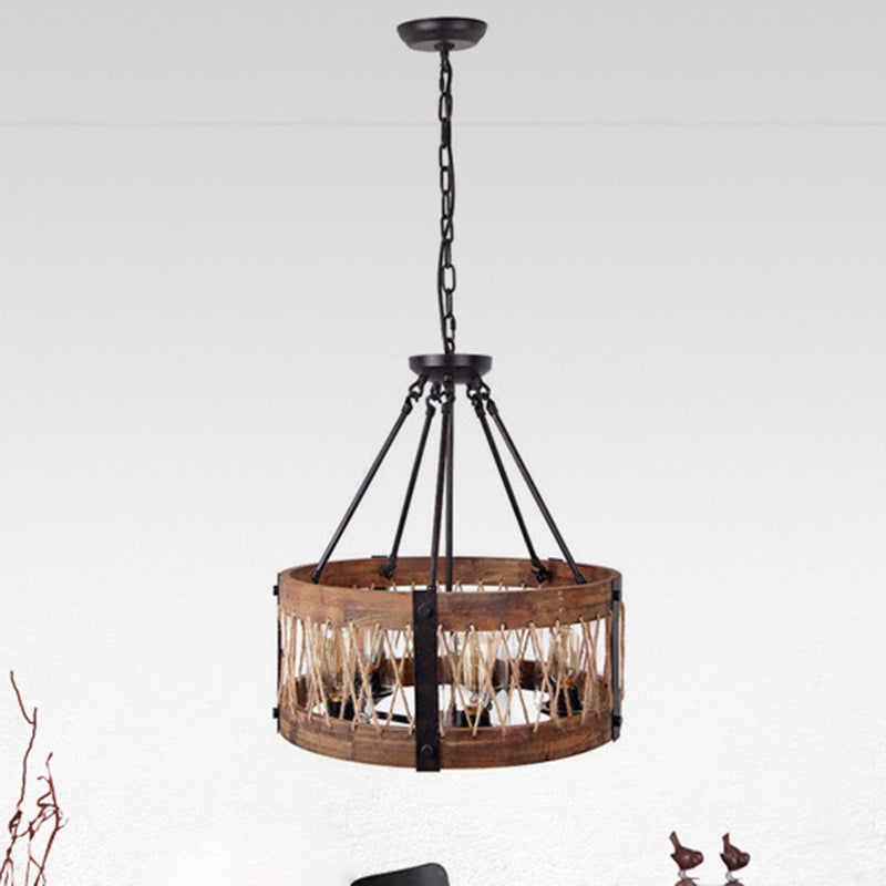 5-Light Metal Chandelier Light Fixture Retro Black Rope-weaved Wooden Drum Dining Room Pendant Chandelier Clearhalo 'Cast Iron' 'Ceiling Lights' 'Chandeliers' 'Industrial Chandeliers' 'Industrial' 'Metal' 'Middle Century Chandeliers' 'Rustic Chandeliers' 'Tiffany' Lighting' 204419