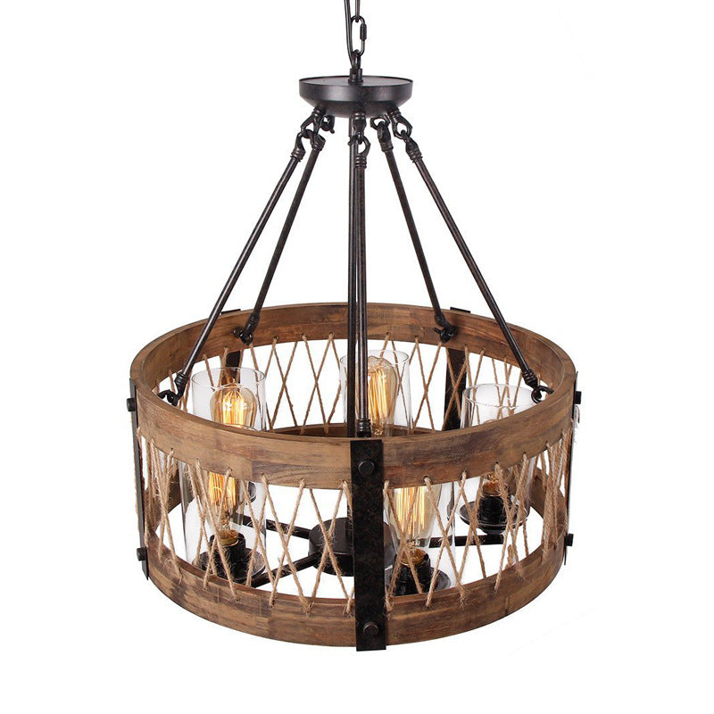 5-Light Metal Chandelier Light Fixture Retro Black Rope-weaved Wooden Drum Dining Room Pendant Chandelier Clearhalo 'Cast Iron' 'Ceiling Lights' 'Chandeliers' 'Industrial Chandeliers' 'Industrial' 'Metal' 'Middle Century Chandeliers' 'Rustic Chandeliers' 'Tiffany' Lighting' 204420