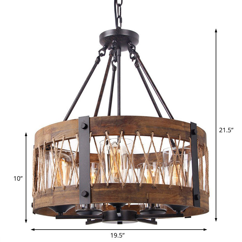 5-Light Metal Chandelier Light Fixture Retro Black Rope-weaved Wooden Drum Dining Room Pendant Chandelier Clearhalo 'Cast Iron' 'Ceiling Lights' 'Chandeliers' 'Industrial Chandeliers' 'Industrial' 'Metal' 'Middle Century Chandeliers' 'Rustic Chandeliers' 'Tiffany' Lighting' 204421