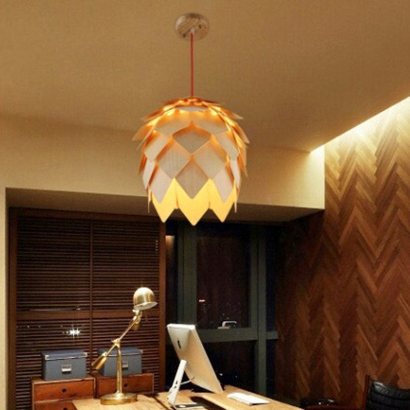 Decorative 1 Bulb Pendulum Light Beige Pipecone Shaped Pendant with Wooden Shade Clearhalo 'Ceiling Lights' 'Pendant Lights' 'Pendants' Lighting' 2044341