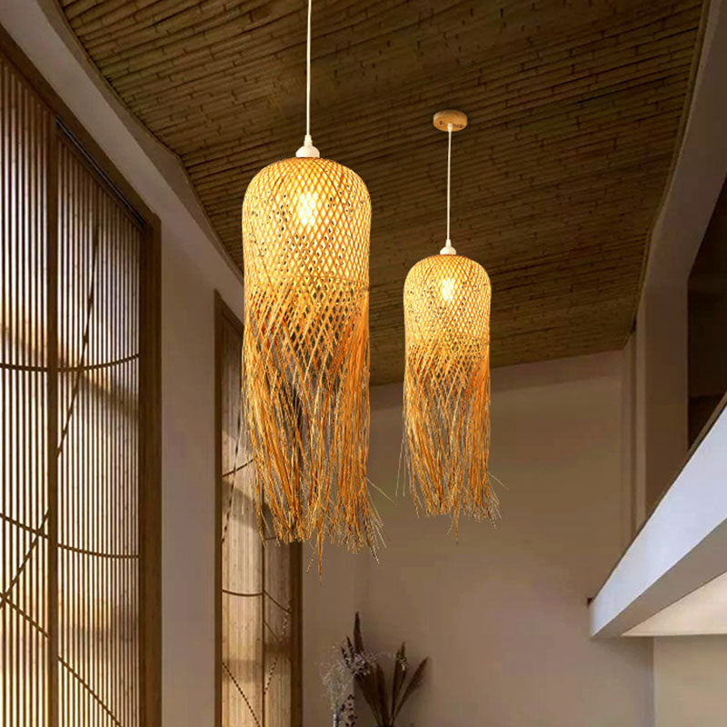 Weaving Dome Pendant Light Fixture Asian Bamboo 1-Light Dining Room Ceiling Lamp with Fringe in Wood Clearhalo 'Ceiling Lights' 'Pendant Lights' 'Pendants' Lighting' 2044343