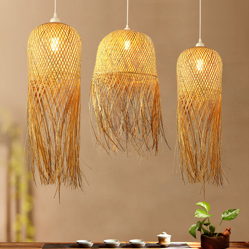 Weaving Dome Pendant Light Fixture Asian Bamboo 1-Light Dining Room Ceiling Lamp with Fringe in Wood Clearhalo 'Ceiling Lights' 'Pendant Lights' 'Pendants' Lighting' 2044344