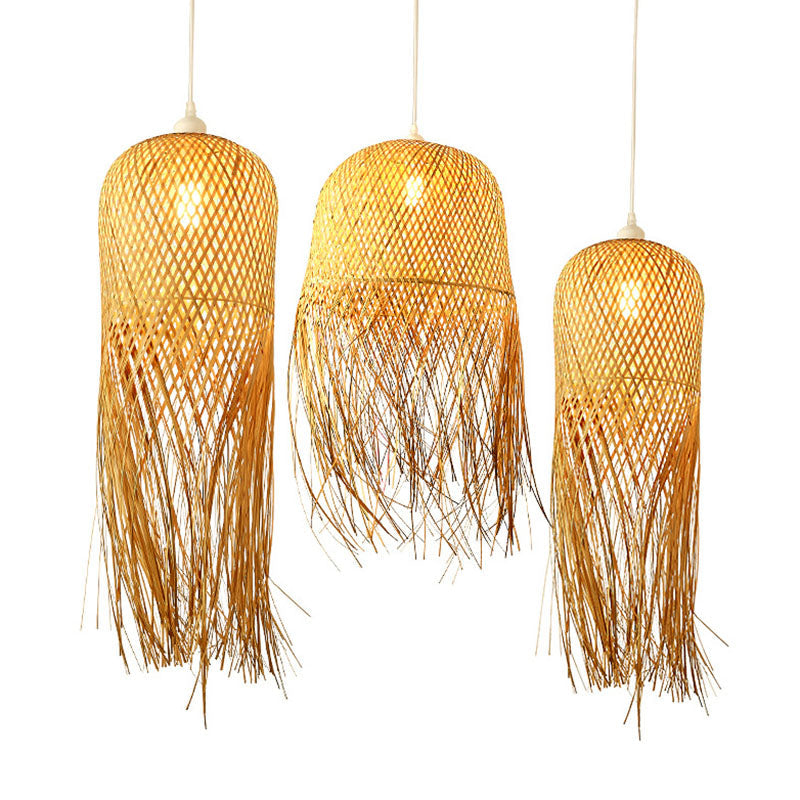 Weaving Dome Pendant Light Fixture Asian Bamboo 1-Light Dining Room Ceiling Lamp with Fringe in Wood Clearhalo 'Ceiling Lights' 'Pendant Lights' 'Pendants' Lighting' 2044345