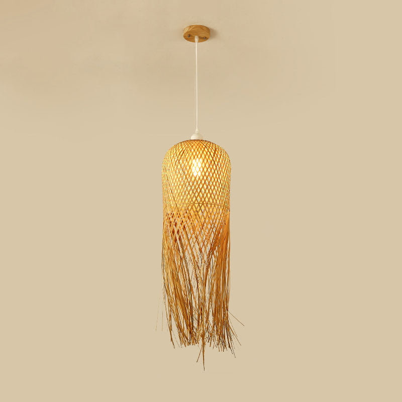 Weaving Dome Pendant Light Fixture Asian Bamboo 1-Light Dining Room Ceiling Lamp with Fringe in Wood Clearhalo 'Ceiling Lights' 'Pendant Lights' 'Pendants' Lighting' 2044346
