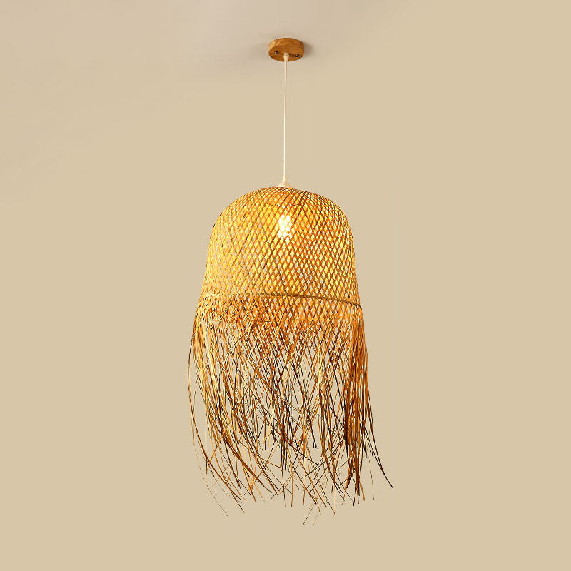 Weaving Dome Pendant Light Fixture Asian Bamboo 1-Light Dining Room Ceiling Lamp with Fringe in Wood Clearhalo 'Ceiling Lights' 'Pendant Lights' 'Pendants' Lighting' 2044347