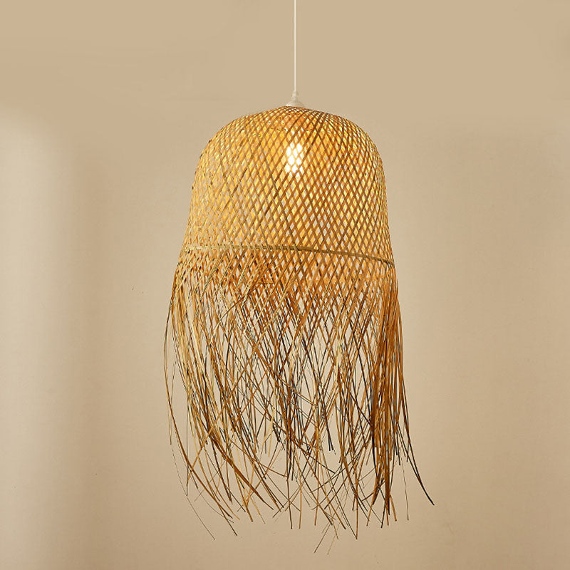 Weaving Dome Pendant Light Fixture Asian Bamboo 1-Light Dining Room Ceiling Lamp with Fringe in Wood Clearhalo 'Ceiling Lights' 'Pendant Lights' 'Pendants' Lighting' 2044348