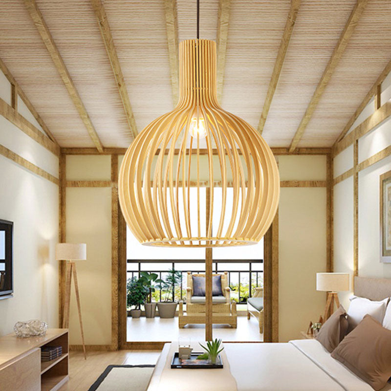 Asian Bottle Shaped Pendant Light Bamboo 1-Bulb Dining Table Suspended Lighting Fixture in Wood Clearhalo 'Ceiling Lights' 'Pendant Lights' 'Pendants' Lighting' 2044379