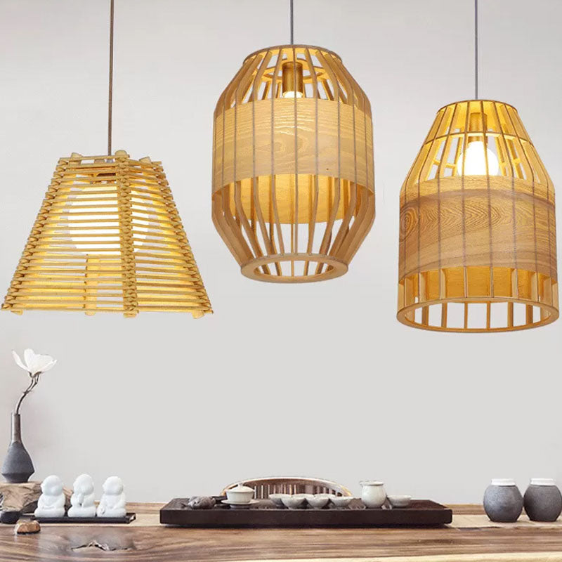 Bamboo Slatted Hanging Light Kit Asian 1 Light Wood Down Lighting Pendant over Table Clearhalo 'Ceiling Lights' 'Pendant Lights' 'Pendants' Lighting' 2044420