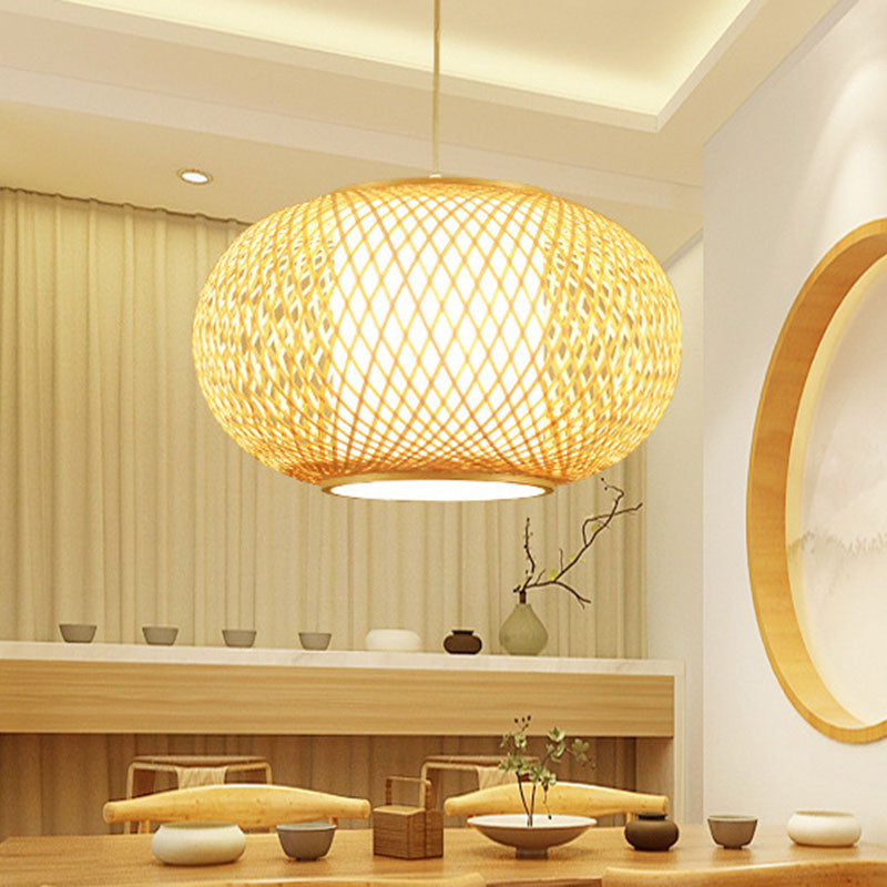 Criss Cross Weaving Hanging Lamp Chinese Bamboo 1 Bulb Tearoom Pendant Light Kit in Wood Clearhalo 'Ceiling Lights' 'Pendant Lights' 'Pendants' Lighting' 2044433