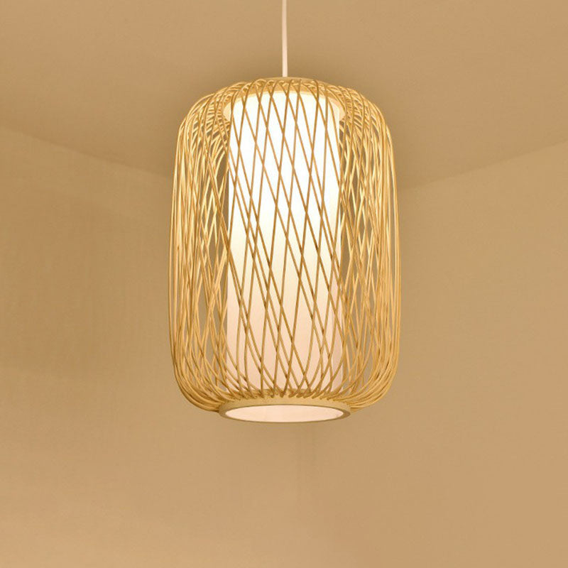 Cage Lantern Pendant Light Fixture Asia Bamboo 1-Light Bistro Suspension Lamp in Wood Clearhalo 'Ceiling Lights' 'Pendant Lights' 'Pendants' Lighting' 2044453