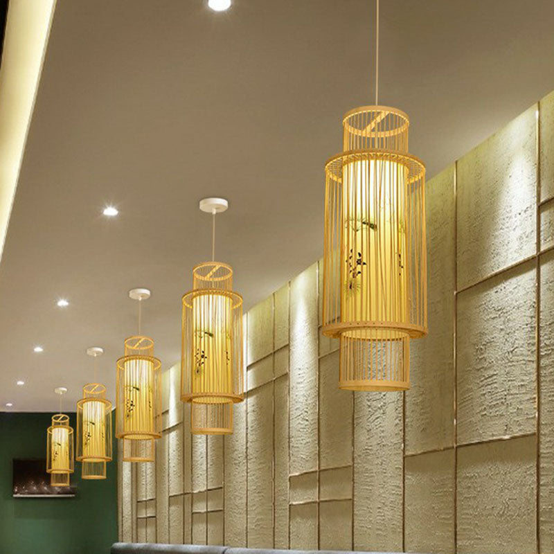 Cage Lantern Pendant Light Fixture Asia Bamboo 1-Light Bistro Suspension Lamp in Wood Clearhalo 'Ceiling Lights' 'Pendant Lights' 'Pendants' Lighting' 2044454