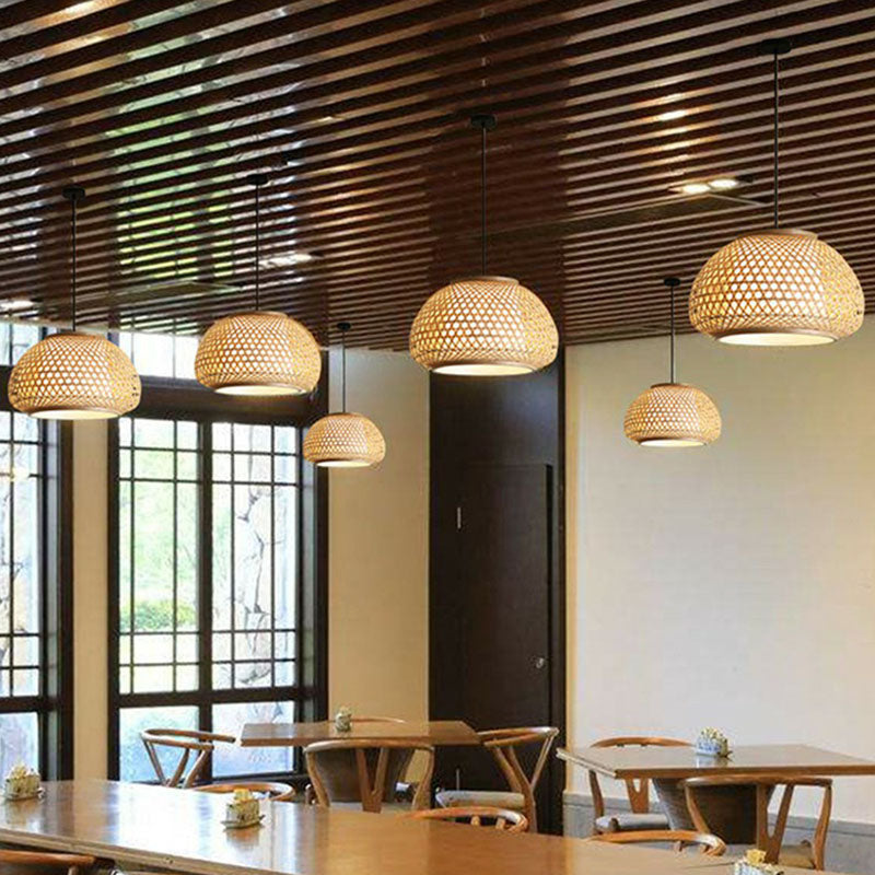 Wood Bowl Shaped Pendant Asian 1 Light Bamboo Woven Ceiling Hang Light for Dining Room Wood Clearhalo 'Ceiling Lights' 'Pendant Lights' 'Pendants' Lighting' 2044465_967c767d-a890-4288-bea7-1b5abdb9015c