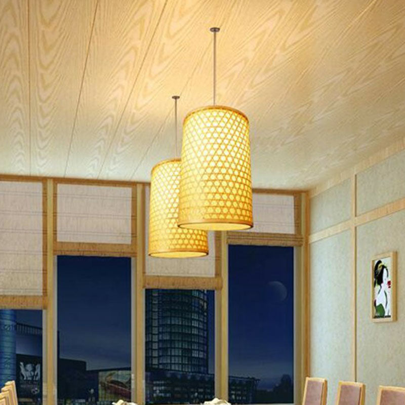 Beige Cylindrical Pendant Light Kit Asia 1-Light Bamboo Hanging Lamp for Dining Room Clearhalo 'Ceiling Lights' 'Pendant Lights' 'Pendants' Lighting' 2044483