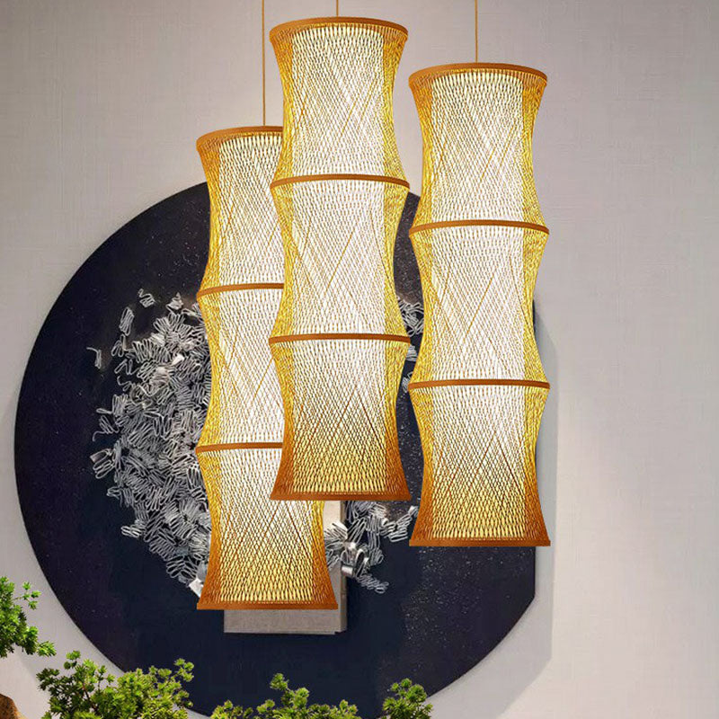 Asian 1-Light Ceiling Lamp Wood Fish Trap Wire Pendant Lighting with Rattan Shade Clearhalo 'Ceiling Lights' 'Pendant Lights' 'Pendants' Lighting' 2044485