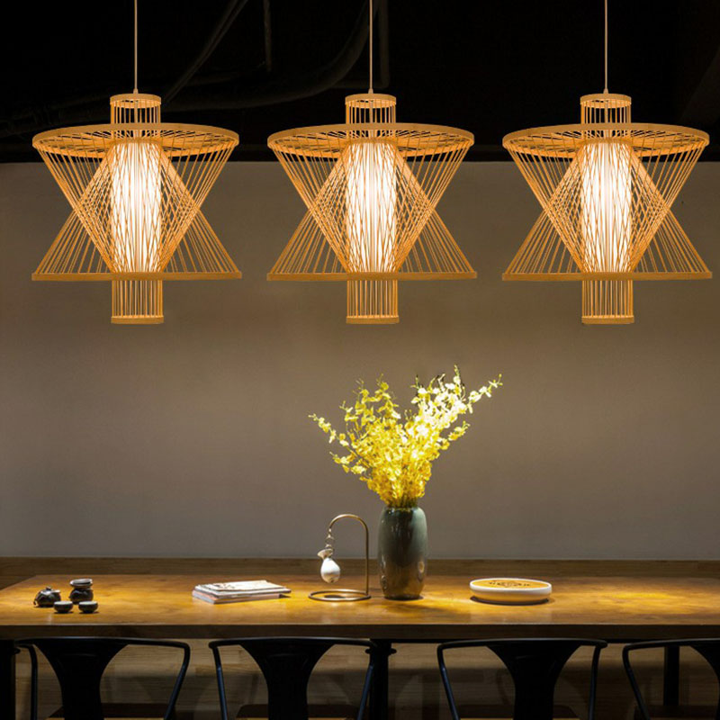 Sandglass Shaped Down Lighting Asian Bamboo 1 Bulb Dining Room Pendant Light in Wood Wood Clearhalo 'Ceiling Lights' 'Pendant Lights' 'Pendants' Lighting' 2044504_e4f28509-8ad1-433f-9f4e-956cdff981a3