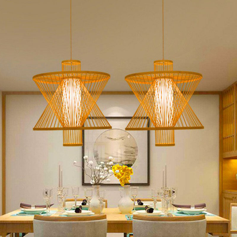 Sandglass Shaped Down Lighting Asian Bamboo 1 Bulb Dining Room Pendant Light in Wood Clearhalo 'Ceiling Lights' 'Pendant Lights' 'Pendants' Lighting' 2044505