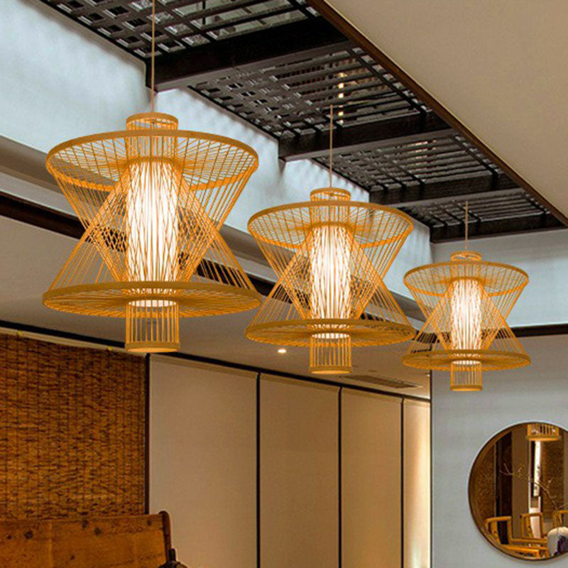 Sandglass Shaped Down Lighting Asian Bamboo 1 Bulb Dining Room Pendant Light in Wood Clearhalo 'Ceiling Lights' 'Pendant Lights' 'Pendants' Lighting' 2044507