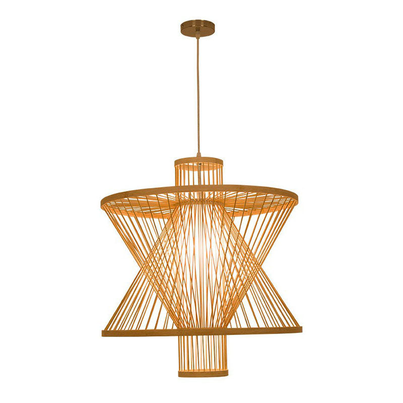 Sandglass Shaped Down Lighting Asian Bamboo 1 Bulb Dining Room Pendant Light in Wood Clearhalo 'Ceiling Lights' 'Pendant Lights' 'Pendants' Lighting' 2044508