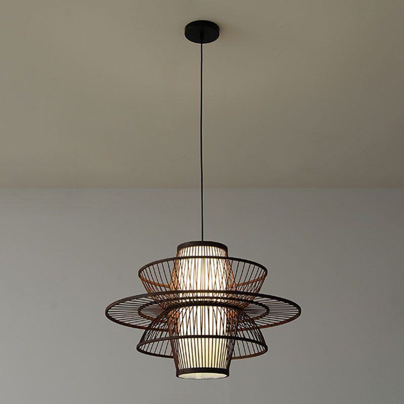 Wooden Geometrical Pendant Lamp Chinese 1 Head Coffee Suspended Lighting Fixture Clearhalo 'Ceiling Lights' 'Pendant Lights' 'Pendants' Lighting' 2044523