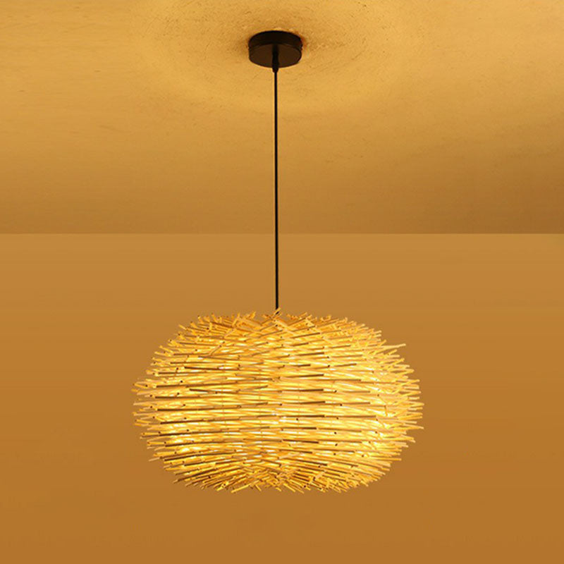 Cottage Woven Shade Drop Pendant Wood 1 Bulb Restaurant Hanging Light Kit in Beige Clearhalo 'Ceiling Lights' 'Pendant Lights' 'Pendants' Lighting' 2044537